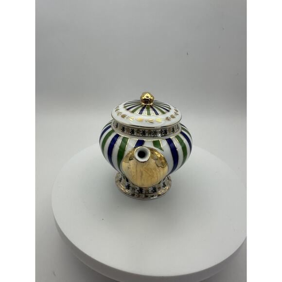 Mini Enameled Porcelain Teapot 3 inch Green/Blue Stripes Gilt Stamped Qingfa - Picture 3 of 10
